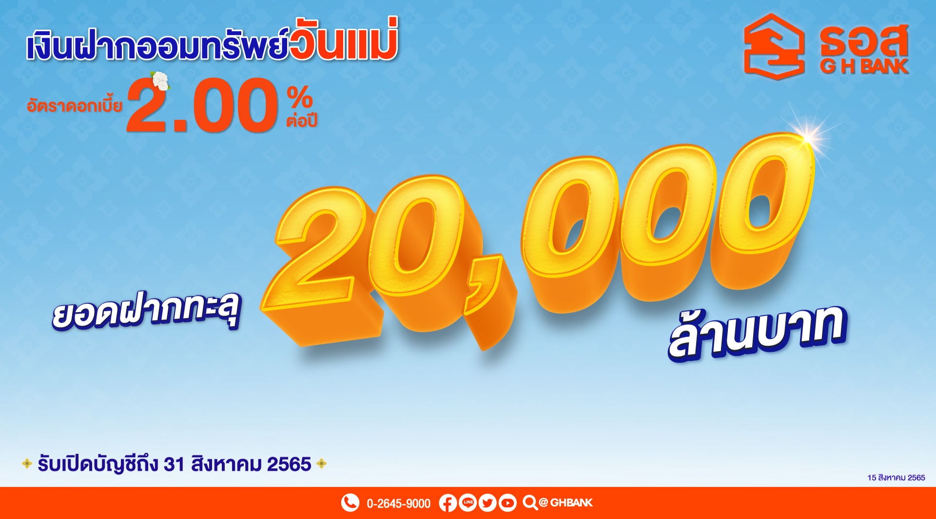 อย่ารอช้า!! เพียง 2 วัน ยอดฝากทะลุ 20,000 ล้านบาท แล้ว เงินฝากออมทรัพย์วันแม่ ให้ผลตอบแทนอัตราดอกเบี้ยสูงถึง 2.00% ต่อปี