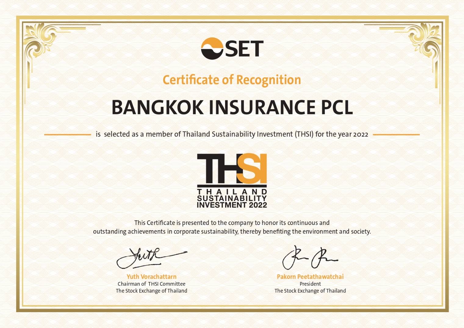 กรุงเทพประกันภัยโดดเด่นด้าน ESG ได้รับคัดเลือกอยู่ในรายชื่อหุ้นยั่งยืน THSI ประจำปี 2565
