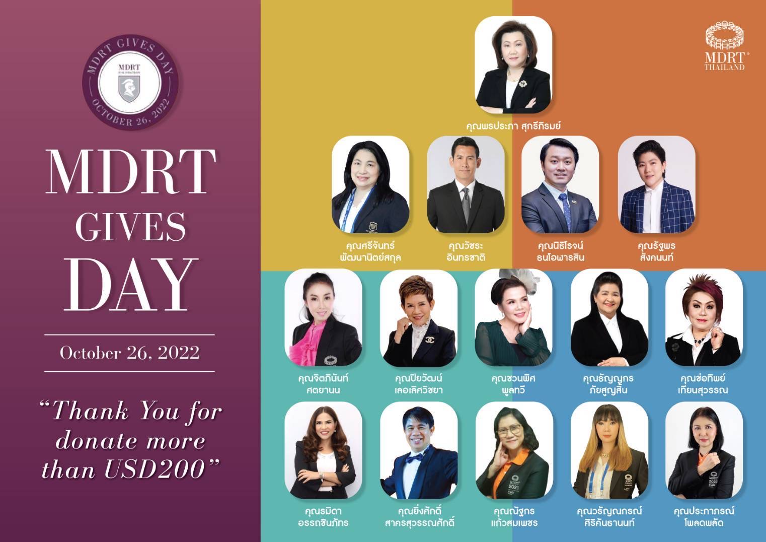 “MDRT Gives Day 2022” ประเทศไทยปิดยอดบริจาค USD 16,203 ขอขอบคุณผู้บริจาคตั้งเเต่ USD200 ขึ้นไป ที่ได้ทำบุญร่วมมหากุศลร่วมกัน