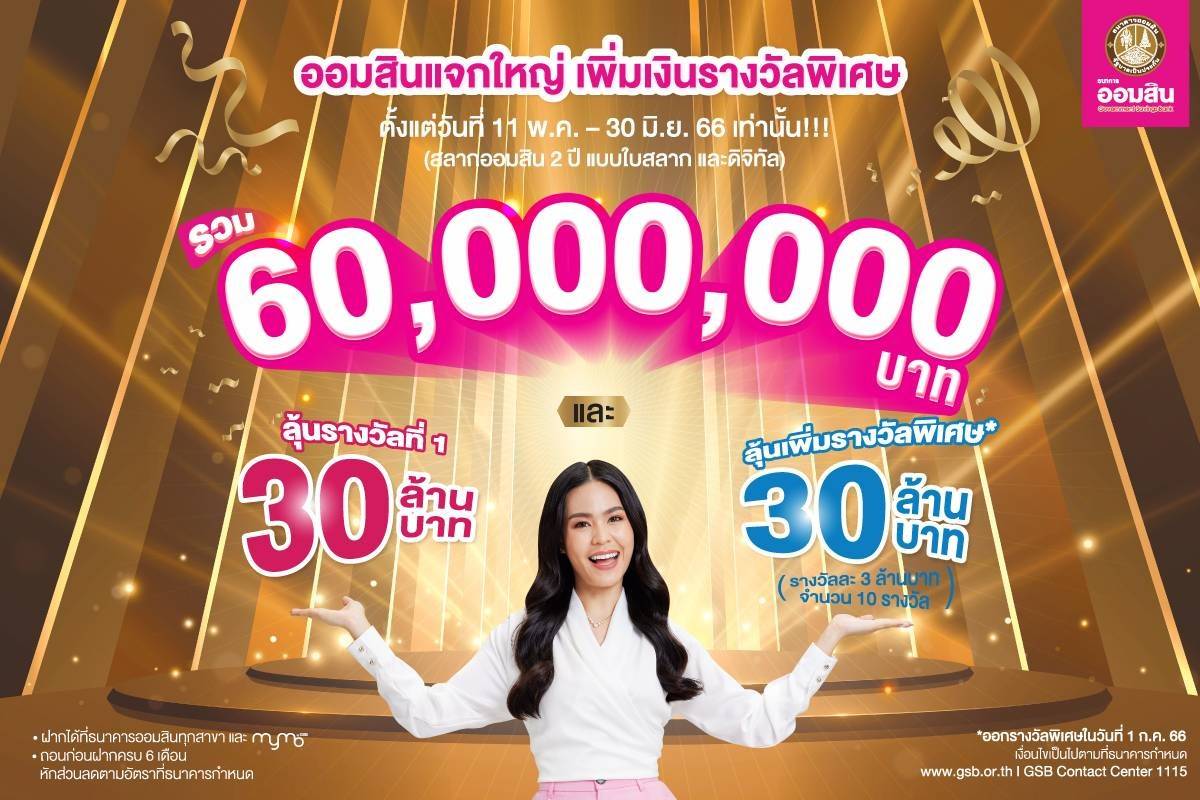 ออมสิน จัดใหญ่ เอาใจลูกค้าสลากออมสิน เพิ่มทั้งเงินรางวัลที่ 1 และรางวัลพิเศษมูลค่ารวม 60 ล้านบาท