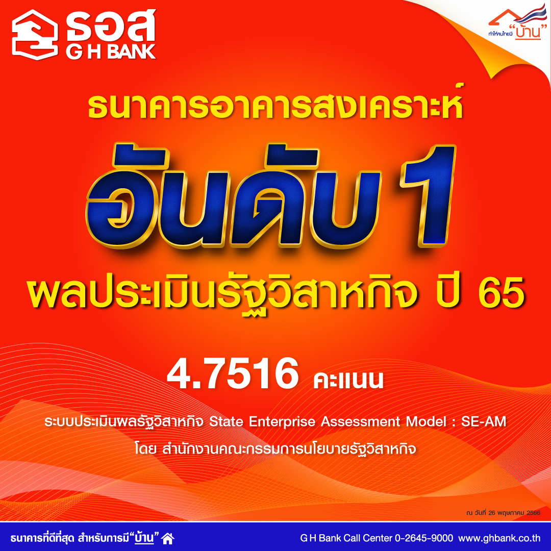 ธอส. คว้าอันดับ 1 การประเมินผลการดำเนินงานรัฐวิสาหกิจปี 2565 ด้วยคะแนน 4.7516 สูงสุดในทุกสาขาของรัฐวิสาหกิจทั้ง 51 แห่ง