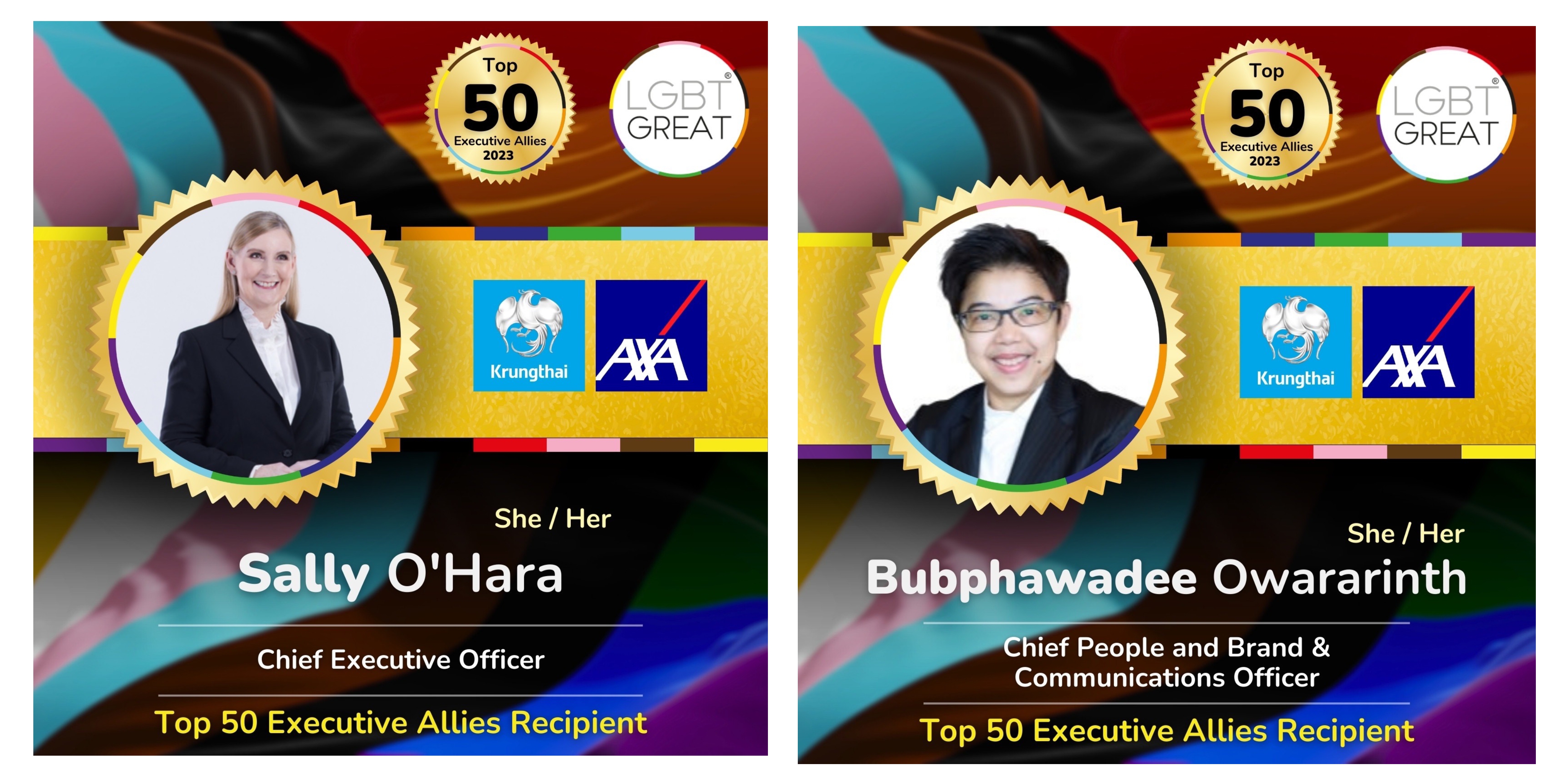 2 ผู้บริหาร กรุงไทย–แอกซ่า ประกันชีวิต ได้รับคัดเลือกให้เป็น Top 50 Executive Allies 2023 จาก LGBT Great ตอกย้ำการเป็นพันธมิตรที่สนับสนุนกลุ่ม LGBTQ+