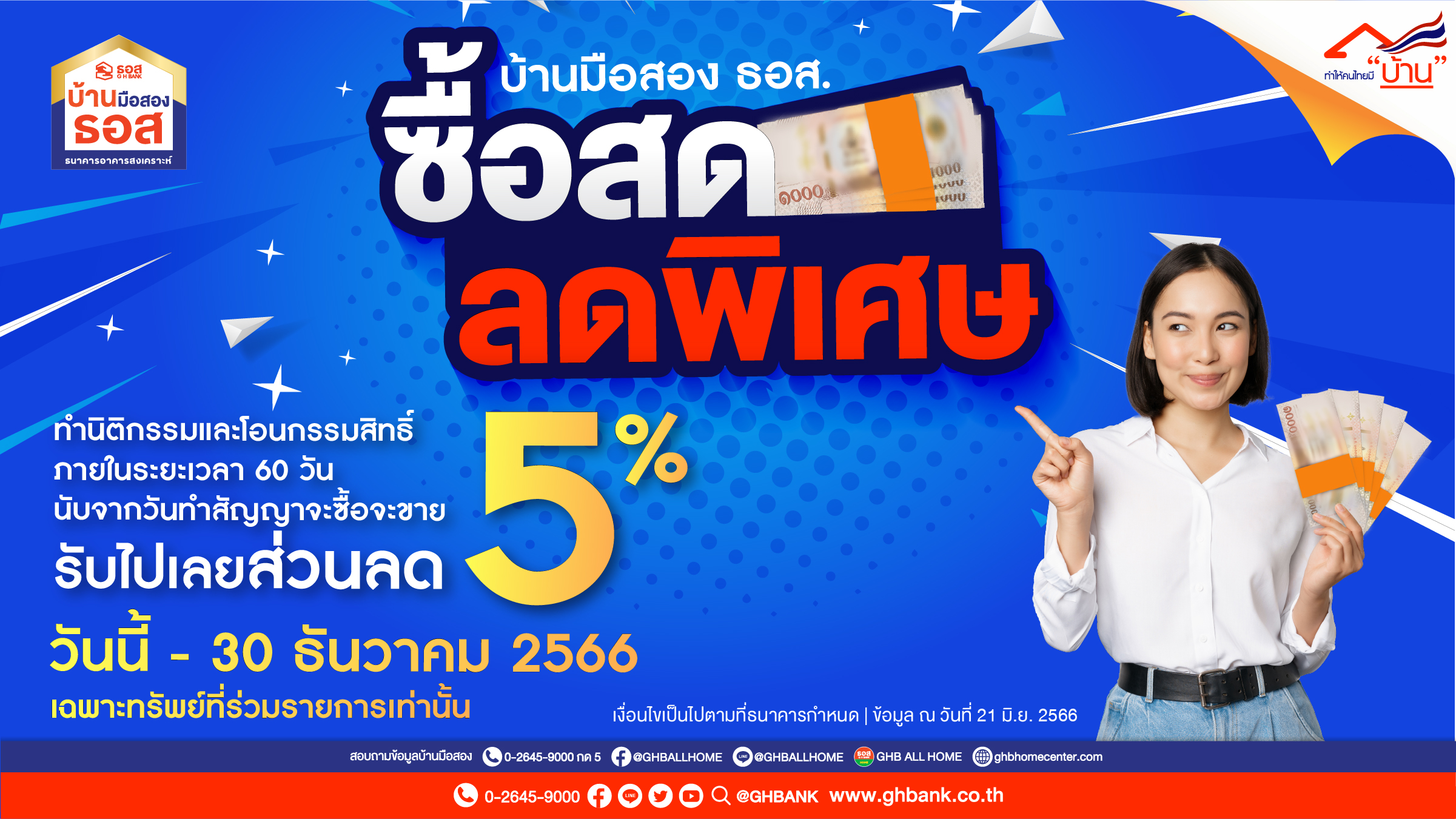 ยิ่งกว่าคุ้ม!! ธอส. จัดทำ “โครงการซื้อสด-ลดพิเศษ” เอาใจคนอยากมีบ้านมือสอง ชำระด้วยเงินสด รับส่วนลดทันที 5% วันนี้ – 30 ธันวาคม 2566 นี้