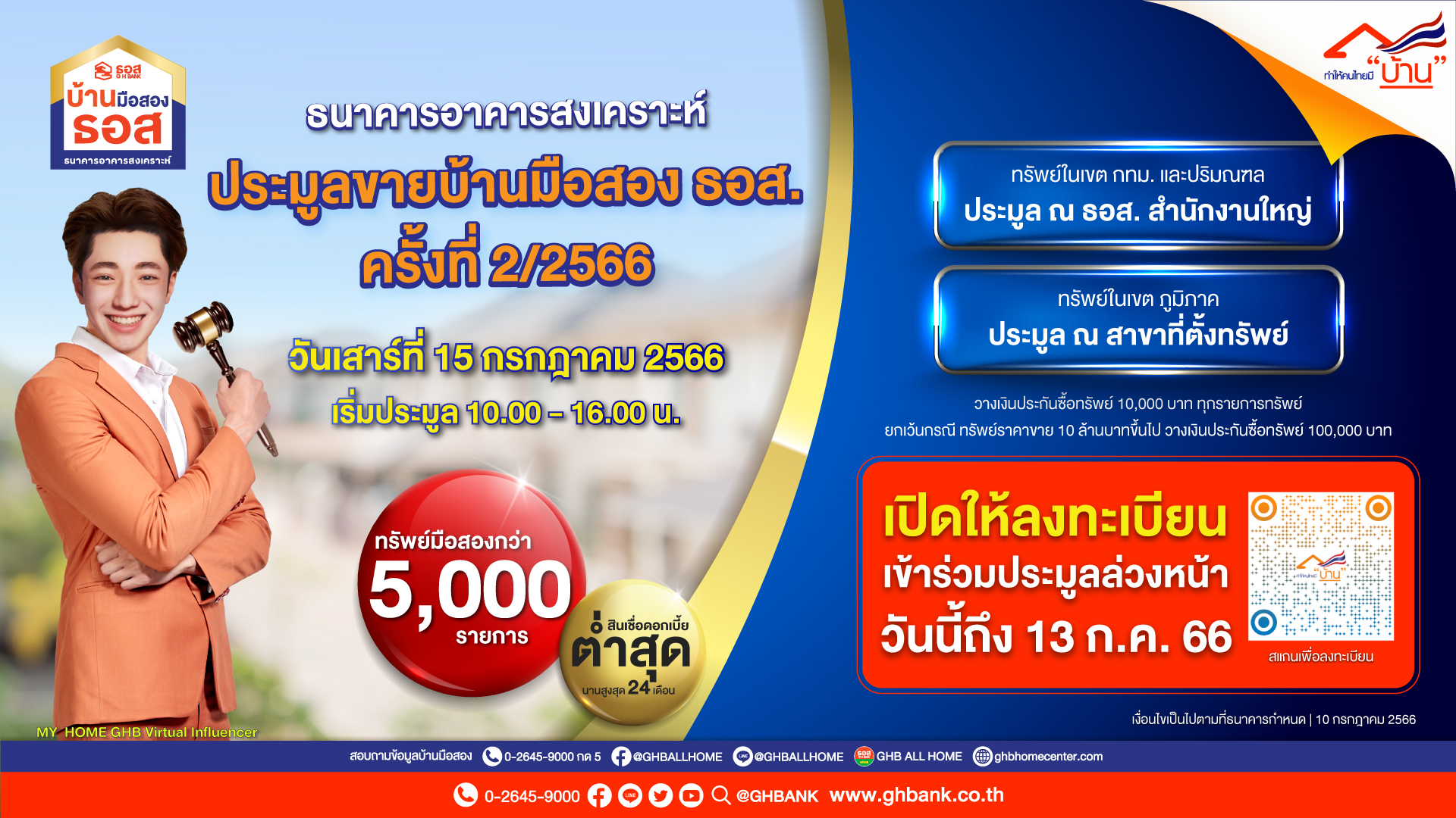 วันเดียวพร้อมกันทั่วประเทศ!! ธอส. จัดงานประมูลขายบ้านมือสอง ขนบ้านเด่น ทำเลดี มาจำหน่ายกว่า 5,000 รายการ ลดราคาสูงสุดถึง 50% วันเสาร์ที่ 15 กรกฎาคม 2566 เวลา 10.00 – 16.00 น.