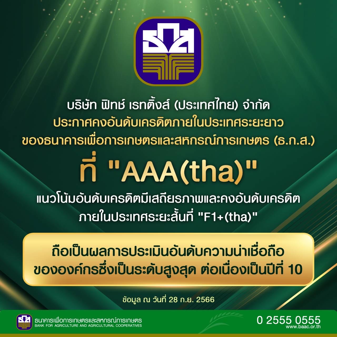 ธ.ก.ส. ได้รับการจัดอันดับเครดิตเรทติ้งส์ สูงสุดที่ AAA (tha) และ F1+ (tha) ต่อเนื่องเป็นปีที่ 10