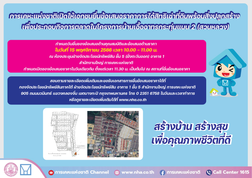 การเคหะแห่งชาติเปิดให้เอกชนยื่นข้อเสนอราคาการได้สิทธิเช่าที่ดินพร้อมสิ่งปลูก สร้าง เพื่อประกอบกิจการตลาดในโครงการบ้านเอื้ออาทรกระทุ่มแบน 2 (สวนหลวง)