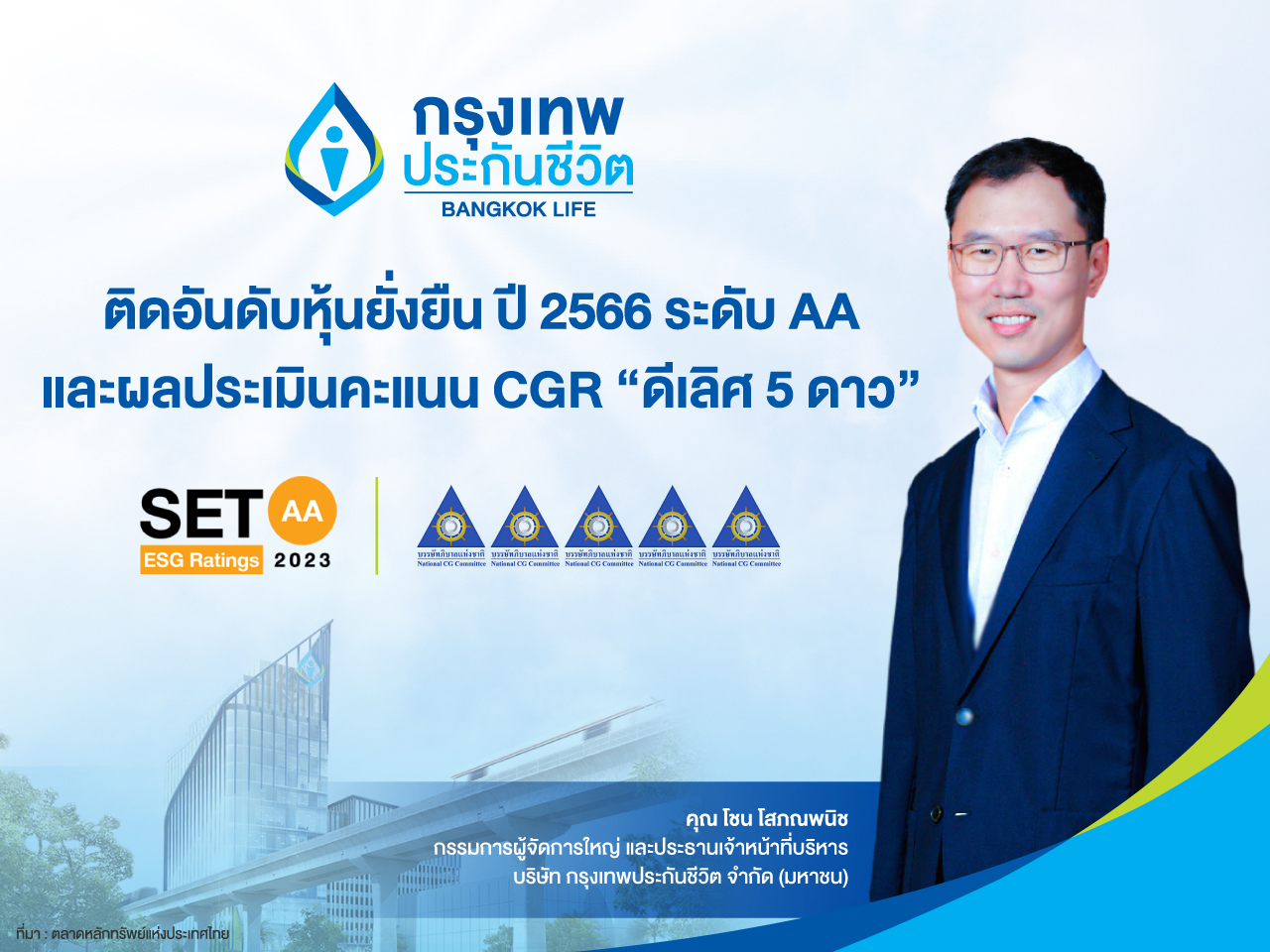 กรุงเทพประกันชีวิต ได้รับการประเมินหุ้นยั่งยืน SET ESG Ratings ประจำปี 2566 ที่ระดับ AA และผลประเมินคะแนน CGR “ดีเลิศ 5 ดาว” สะท้อนความมุ่งมั่นสู่องค์กรแห่งความยั่งยืน