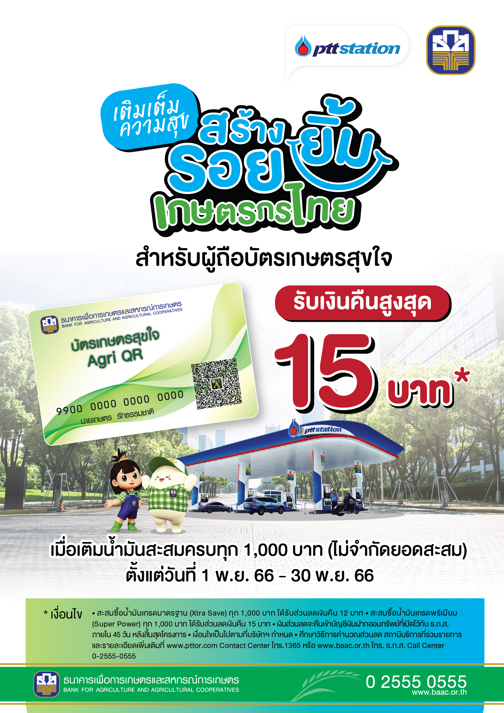 ธ.ก.ส.จัดโปรโมชันให้ลูกค้าบัตรเกษตรสุขใจ เติมน้ำมันแล้วรับเงินคืนสูงสุด 15 บาท