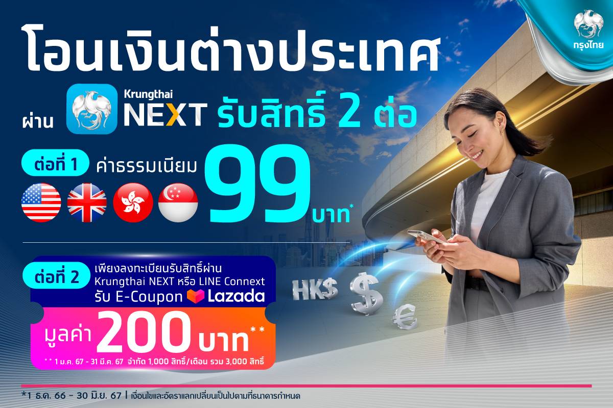 “กรุงไทย” จัดโปรฯ สุดคุ้ม โอนเงินต่างประเทศ ผ่าน Krungthai NEXT ค่าธรรมเนียม 99 บาท
