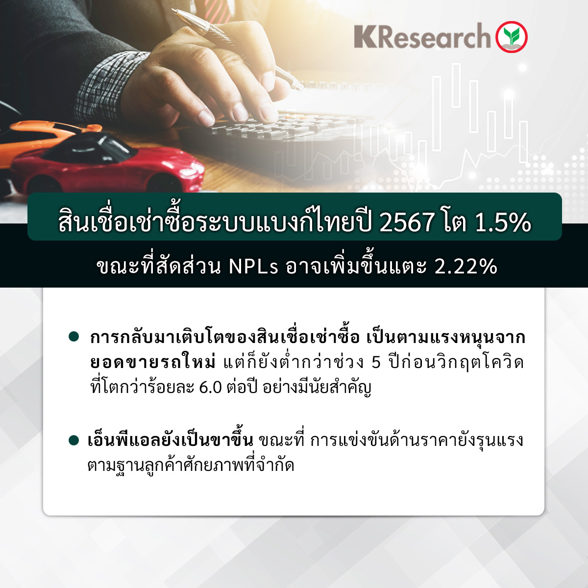สินเชื่อเช่าซื้อระบบแบงก์ไทยปี 2567 โต 1.5% ในขณะที่สัดส่วน NPLs อาจเพิ่มขึ้นแตะ 2.22% (ศูนย์วิจัยกสิกรไทย)