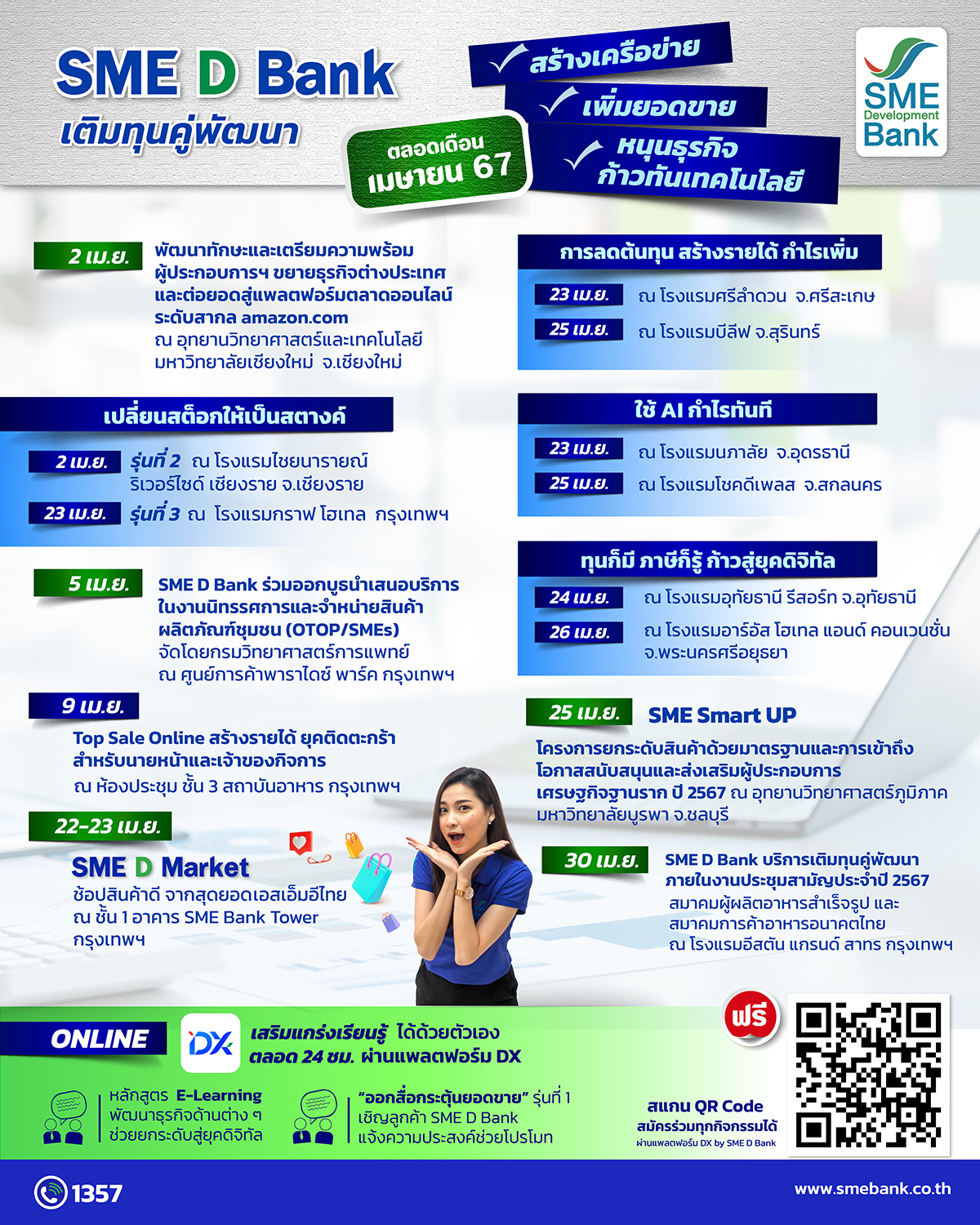 SME D Bank จัดขบวน ‘เติมทุนคู่พัฒนา’เสริมแกร่งเอสเอ็มอีตลอดเดือน เม.ย.  สร้างโอกาสธุรกิจ ขยายตลาด เพิ่มความสามารถการแข่งขัน ก้าวทันเทคโนโลยี