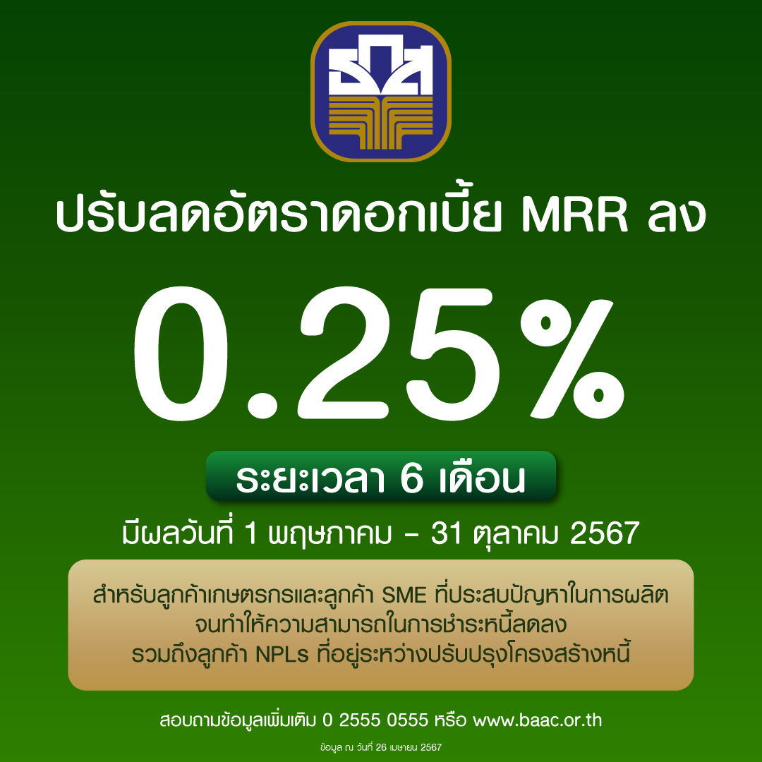 ธ.ก.ส. ปรับลดดอกเบี้ยเงินกู้ MRR ลง 0.25% หนุนการฟื้นตัวกลุ่มเปราะบาง