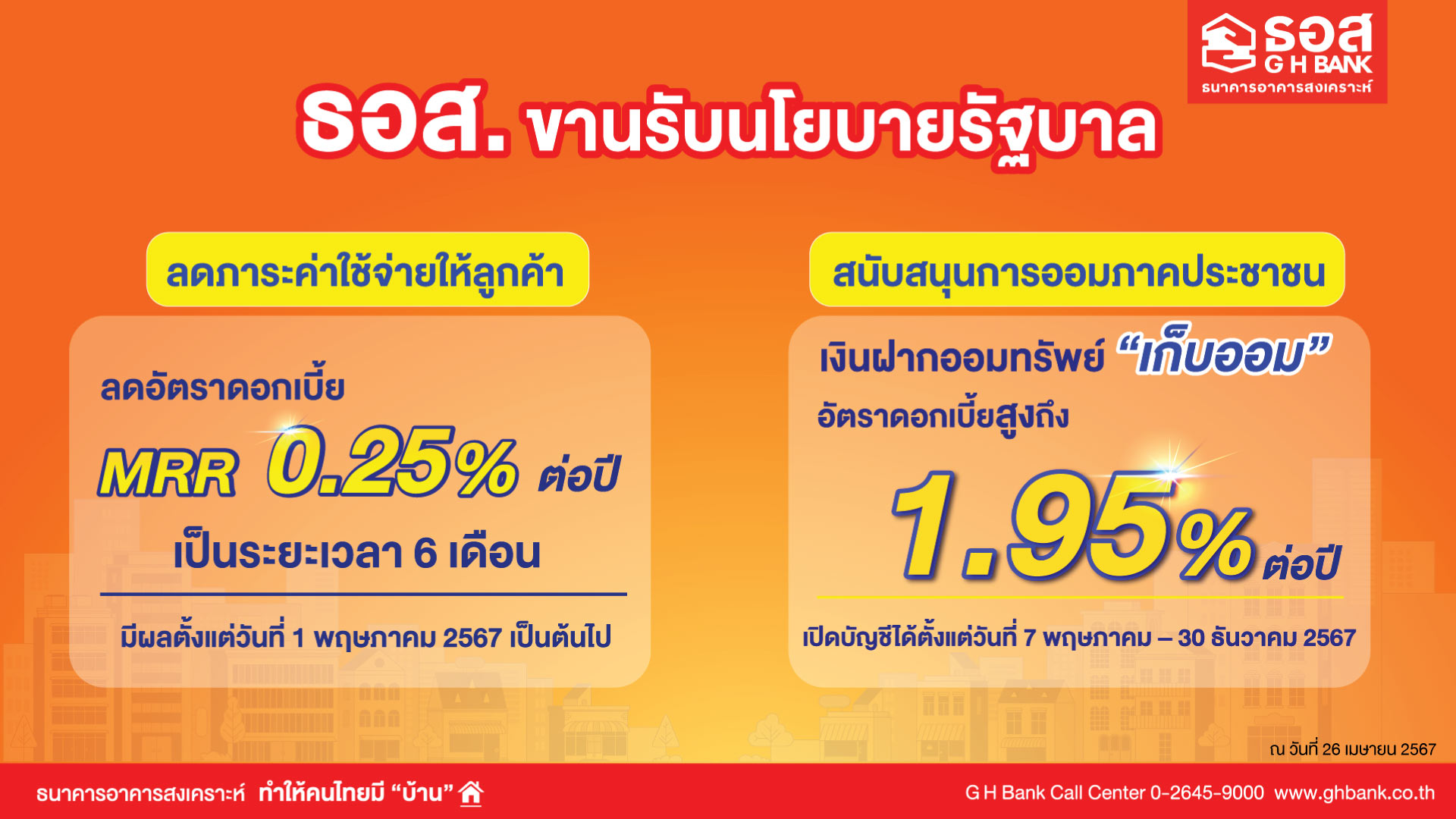 ธอส. ขานรับนโยบายรัฐบาล ลดอัตราดอกเบี้ย MRR 0.25% ต่อปีพร้อมส่งเสริมวินัยการออม ด้วย “เงินฝากออมทรัพย์เก็บออม” ดอกเบี้ยสูงถึง 1.95% ต่อปี