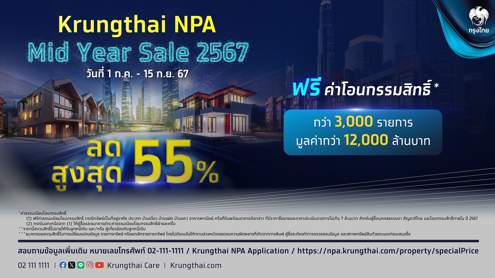 กรุงไทยจัดใหญ่ “Krungthai NPA Mid Year Sale 2567” ทรัพย์เด่น ทำเลทอง กว่า 3,000 รายการ ลดราคาสูงสุด 55% พร้อมโปรโมชันพิเศษ