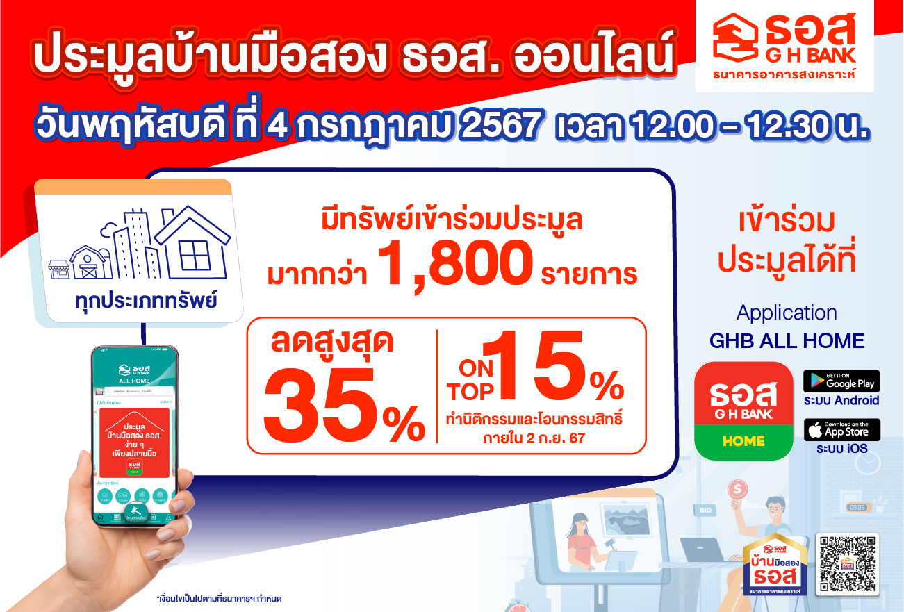 ธอส.จัดประมูลบ้านมือสองออนไลน์ : GHB’S NPA Online Auction 2024 พบทรัพย์เด่นกว่า 1,800 รายการทั่วประเทศ ลดราคาสูงสุดถึง 35% และ On Top อีก 15%* พร้อมกันทั่วประเทศ วันที่ 4 ก.ค 67 นี้