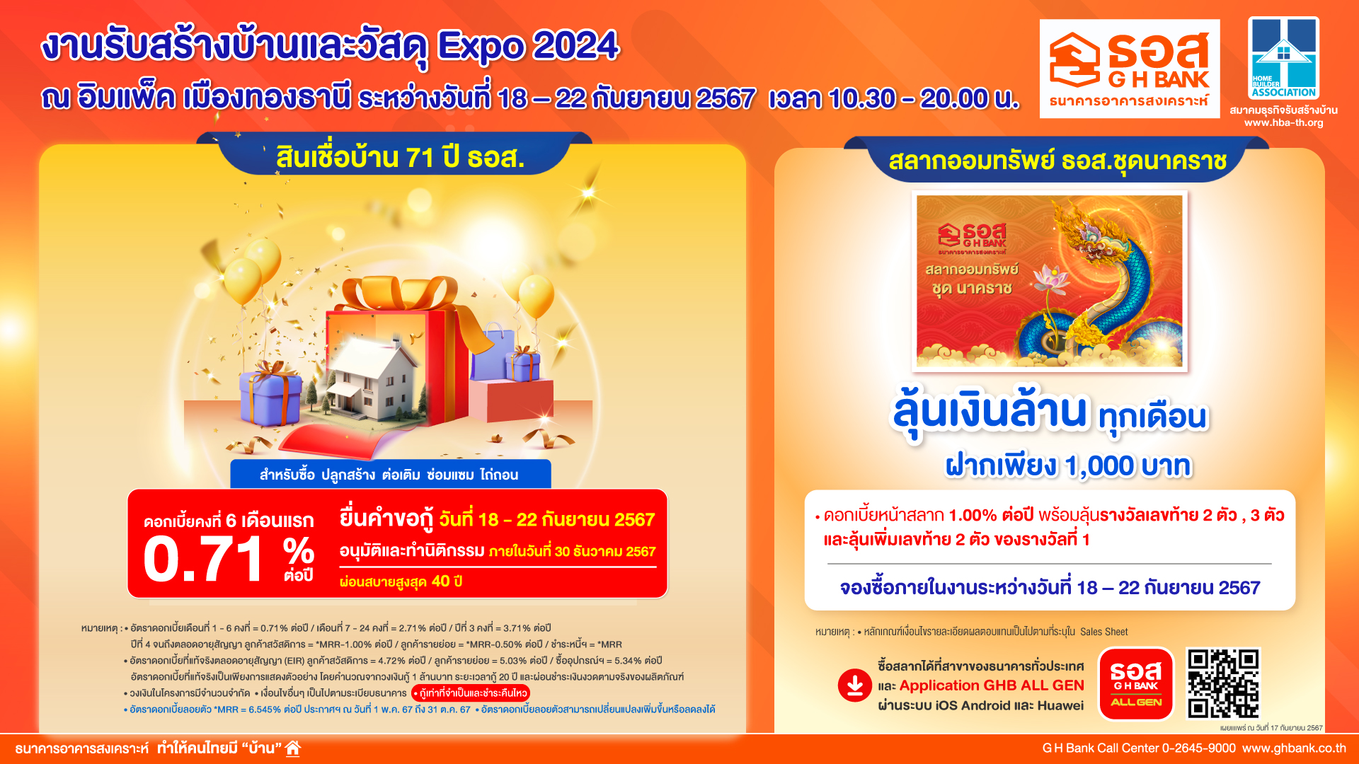 ธอส. จัดโปรโมชันสินเชื่อบ้านอัตราดอกเบี้ยต่ำ 6 เดือนแรกเพียง 0.71% ต่อปีร่วมงาน “รับสร้างบ้านและวัสดุ Expo 2024”
