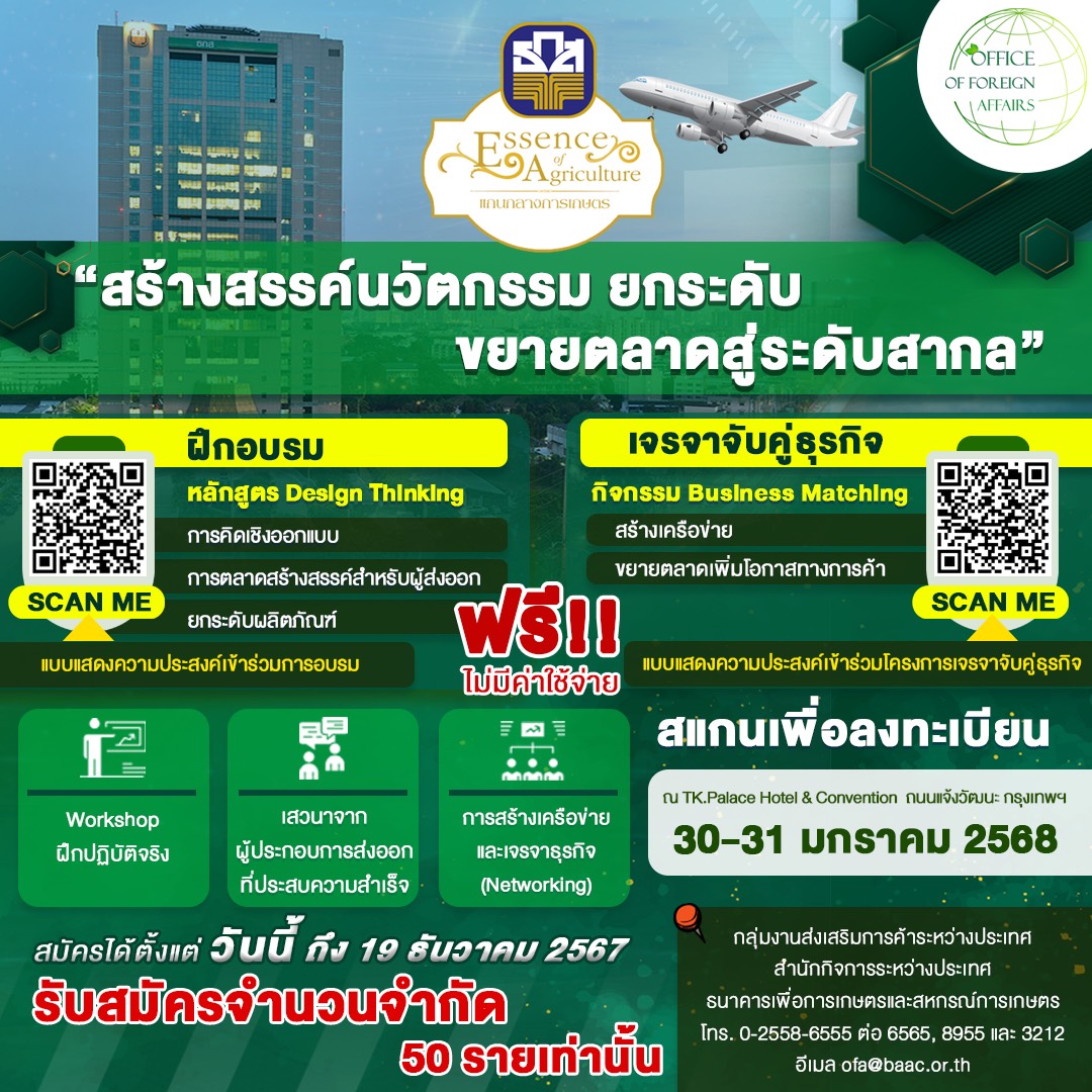 ธ.ก.ส.จัดอบรม Design Thinking และกิจกรรม Business Matching ยกระดับขยายตลาดสู่ตลาดสากล เข้าร่วมฟรี!! สมัครได้ถึง 19 ธ.ค. 67