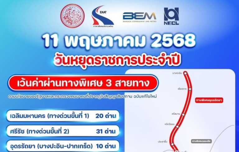 วันที่ 11 พฤษภาคม 2568 กทพ. ยกเว้นค่าผ่านทางพิเศษ 3 สายทาง