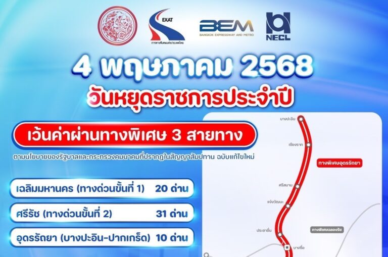 วันที่ 4 พฤษภาคม 2568 กทพ. ยกเว้นค่าผ่านทางพิเศษ 3 สายทาง