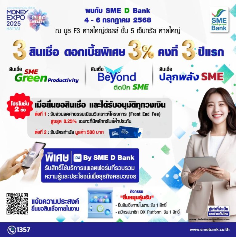SME D Bank ลงใต้จัดเต็มโปรโมชันเพื่อเอสเอ็มอีไทยในงาน “มหกรรมการเงินหาดใหญ่” ยกทัพสินเชื่อดอกเบี้ยพิเศษ 3% ต่อปี คู่ช่วยพัฒนายกระดับธุรกิจครบวงจร