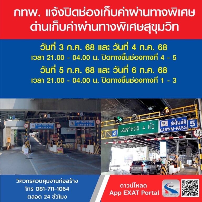 กทพ. แจ้งปิดช่องเก็บค่าผ่านทางพิเศษทางขึ้น ด่านเก็บค่าผ่านทางพิเศษสุขุมวิท เพื่อดำเนินงานติดตั้งระบบทางข้ามอัจฉริยะ วันที่ 3 – 6 ก.ค. 2568 ช่วงเวลา 21.00 – 04.00 น.