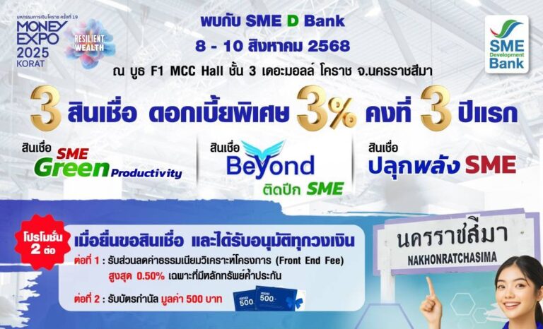 SME D Bank บุกแดนอีสาน ทุ่มสุดใจเพื่อเอสเอ็มอีไทย ในงาน “มหกรรมการเงินโคราช” ยกทัพสินเชื่อดอกเบี้ยพิเศษเพียง 3% ต่อปี คู่พัฒนาเสริมแกร่ง ดันธุรกิจเดินหน้าเต็มกำลัง