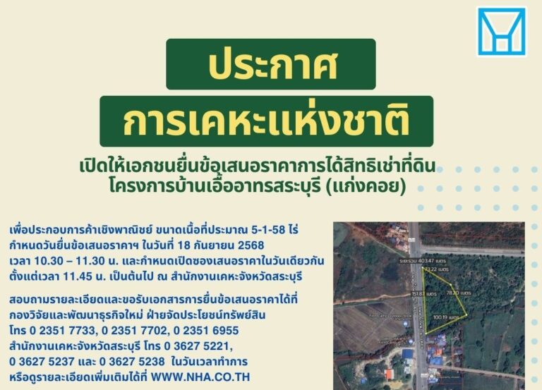 การเคหะแห่งชาติหวังกระตุ้นเศรษฐกิจในสระบุรี เปิดจองสิทธิเช่าที่ดินทำเลเด่นในบ้านเอื้ออาทรสระบุรี (แก่งคอย)