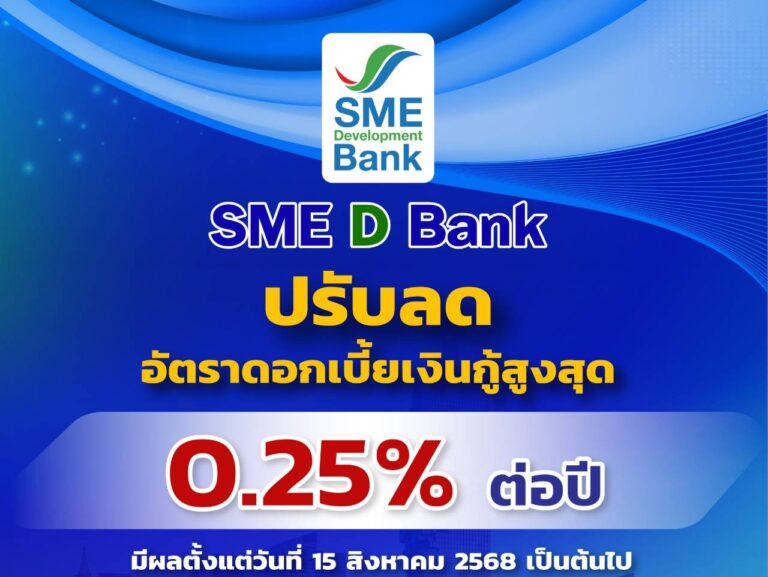 SME D Bank เคียงข้างเอสเอ็มอีไทย ประกาศลดอัตราดอกเบี้ยสูงสุด 0.25% ต่อปี เสริมแกร่งผู้ประกอบการยืนหยัดได้ในทุกสถานการณ์