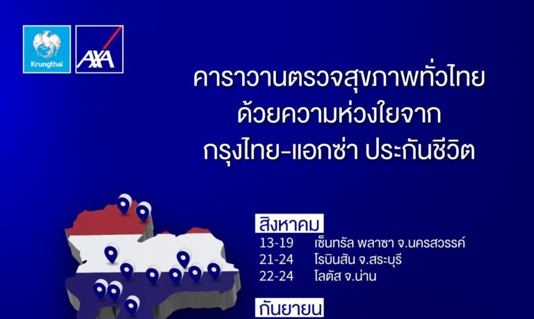 กรุงไทย – แอกซ่า ประกันชีวิต จัดโครงการ “คาราวานตรวจสุขภาพทั่วไทย” มอบบริการตรวจสุขภาพ ฟรี! ตลอดเดือนสิงหาคม – กันยายนนี้