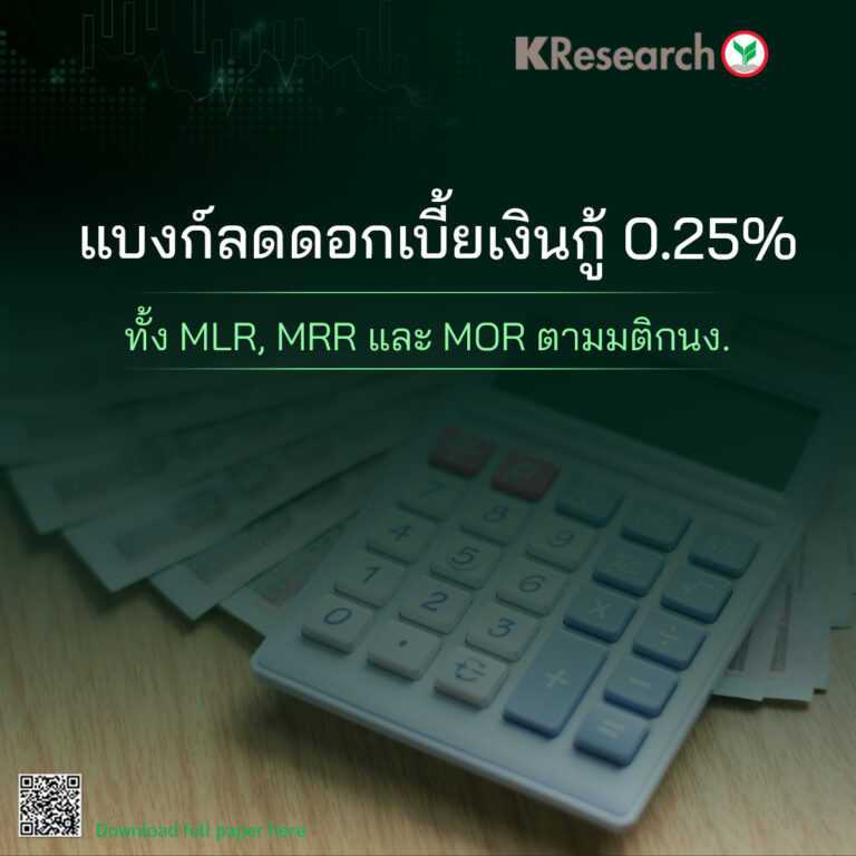 แบงก์ลดดอกเบี้ยเงินกู้ 0.25% ทั้ง MLR, MRR และ MOR ตามมติกนง. (ศูนย์วิจัยกสิกรไทย)