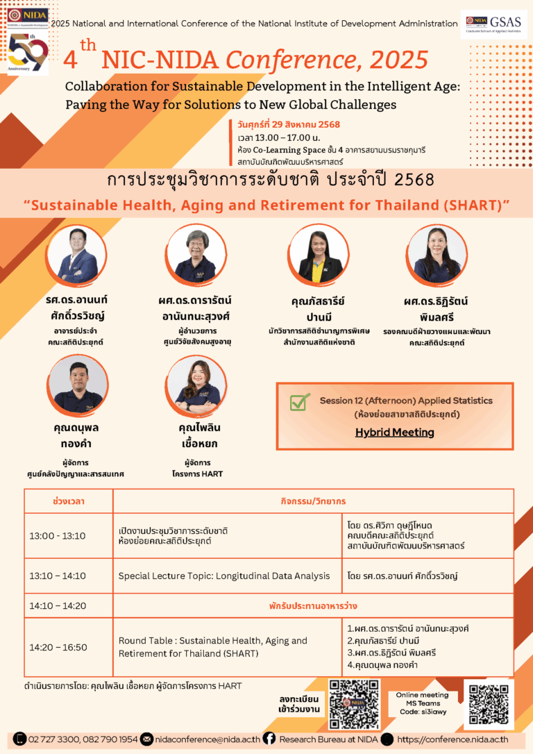 คณะสถิติประยุกต์ สถาบันบัณฑิตพัฒนบริหารศาสตร์ (NIDA) เปิดเวทีเสวนาในหัวข้อ “Sustainable Health, Aging and Retirement for Thailand (SHART)” ภายในงาน “ประชุมวิชาการระดับชาติและระดับนานาชาติ ประจำปี 2568 The 4thNIC-NIDA Conference in 2025”
