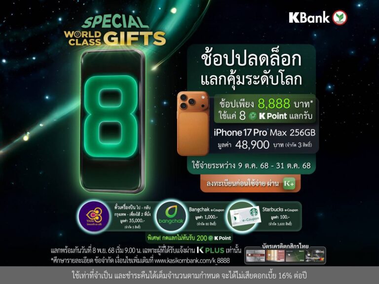 บัตรเครดิตกสิกรไทย จัดต่อเนื่องแคมเปญ WORLD CLASS GIFTSจัดโปรฯ พิเศษ ช้อปครบ 8,888 บาท* ได้สิทธิ์ใช้ 8 K Point แลกสินค้าแบรนด์ดัง