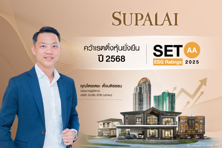 ศุภาลัย คว้าเรตติ้ง AA หุ้นยั่งยืน ปี 2568 จาก “SET ESG Ratings” ตอกย้ำความเป็นผู้นำด้านอสังหาฯ ยั่งยืน