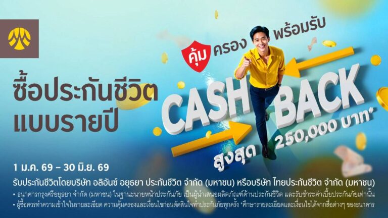 ซื้อประกันชีวิตแบบรายปีผ่านสาขาธนาคารกรุงศรี มั่นใจทุกความคุ้มครองพร้อมรับเงินคืนสูงสุด 250,000 บาท
