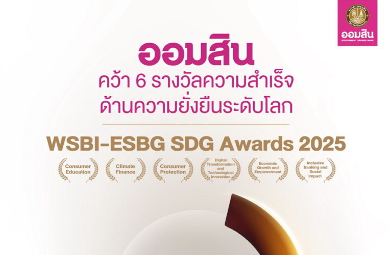 ออมสิน คว้า 6 รางวัล WSBI-ESBG SDG Awards 2025 มากที่สุดบนเวทีความยั่งยืนระดับโลก ตอกย้ำบทบาทธนาคารเพื่อสังคม สร้างผลลัพธ์เชิงบวกสอดรับเป้าหมาย SDGs