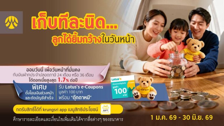 กรุงศรีชวนออมเงินเพื่อลูกได้ง่ายๆ กับบัญชีฝากประจำปลอดภาษีโอนเงินล่วงหน้าผ่าน krungsri app รับ Lotus’s e-Coupons 100 บาท และตุ๊กตาหมี