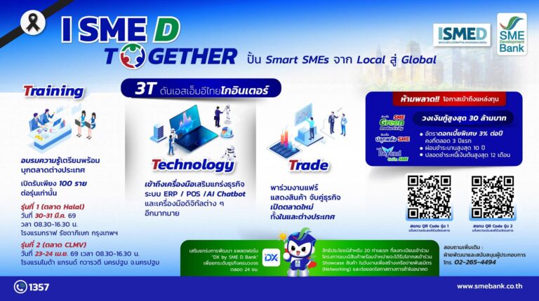 SME D Bank จับมือ ISMED ปั้น Smart SMEs ยกระดับธุรกิจโกอินเตอร์เสิร์ฟโปรแกรม 3T คู่เติมทุนสินเชื่อดอกเบี้ยพิเศษ เปิดรับรุ่นที่ 1 บุกตลาด Halal