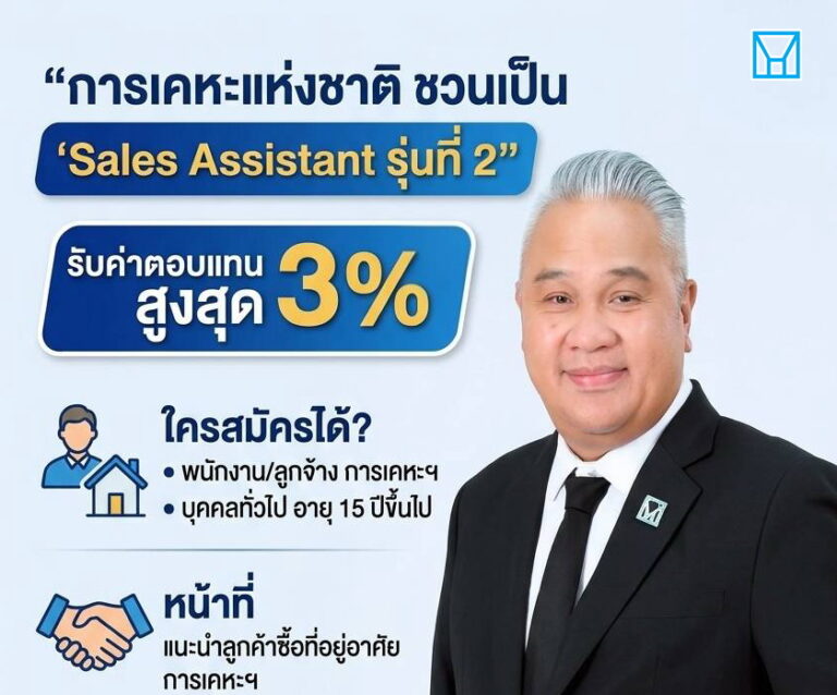 การเคหะแห่งชาติ เปิดโมเดล “Sales Assistant รุ่นที่ 2” ชวนคนทั่วไปร่วมขายบ้าน รับค่าตอบแทนสูงสุดร้อยละ 3