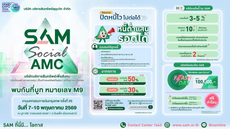SAM ชูโครงการ “ปิดหนี้ไว ไปต่อได้” ร่วมงาน Money Expo Bangkok 2026 ยกโซลูชันแก้หนี้ครบวงจร ให้คนไทยเริ่มต้นใหม่ทางการเงินอย่างยั่งยืน พร้อมเปิดโอกาสลงทุนผ่านทรัพย์ NPA และมาตรการช่วยลูกหนี้ NPL