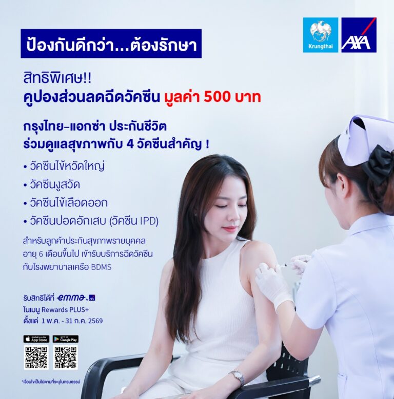 กรุงไทย-แอกซ่า ประกันชีวิต ส่งเสริมสุขภาพเชิงป้องกัน มอบสิทธิพิเศษคูปองวัคซีน 500 บาท เพื่อลูกค้าคนสำคัญ