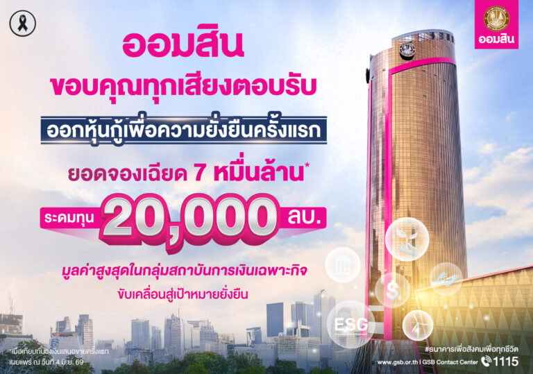 ออมสิน สร้างปรากฏการณ์! ออกหุ้นกู้เพื่อความยั่งยืนครั้งแรก ยอดจองเฉียด 7 หมื่นล้าน มูลค่าสูงสุดในกลุ่มสถาบันการเงินเฉพาะกิจ ระดมทุน 20,000 ลบ. ขับเคลื่อนสู่เป้าหมายยั่งยืน