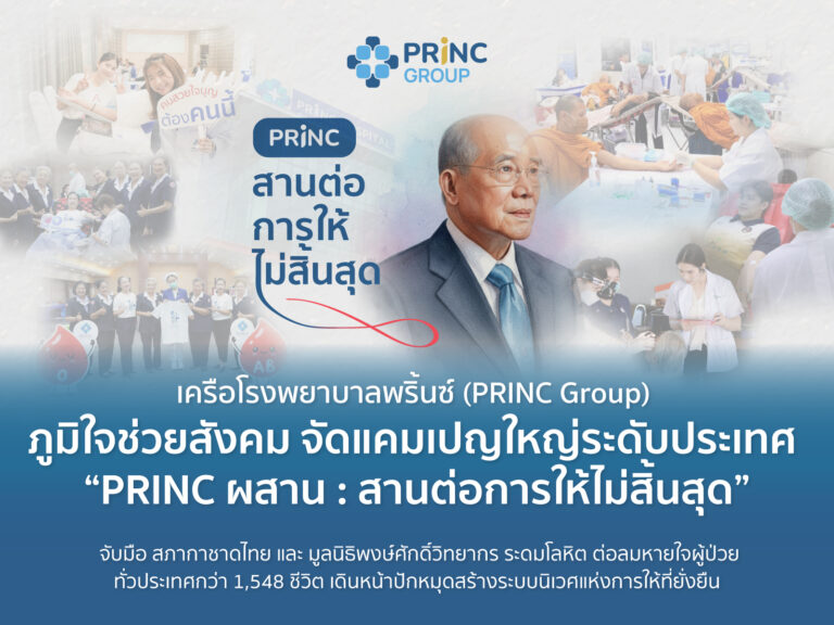 เครือโรงพยาบาลพริ้นซ์ (PRINC Group) ภูมิใจช่วยสังคม จัดแคมเปญใหญ่ระดับประเทศ “PRINC ผสาน : สานต่อการให้ไม่สิ้นสุด” จับมือ สภากาชาดไทย และมูลนิธิพงษ์ศักดิ์วิทยากร ระดมโลหิต ต่อลมหายใจผู้ป่วยทั่วประเทศกว่า 1,548 ชีวิต เดินหน้าปักหมุดสร้างระบบนิเวศแห่งการให้ที่ยั่งยืน