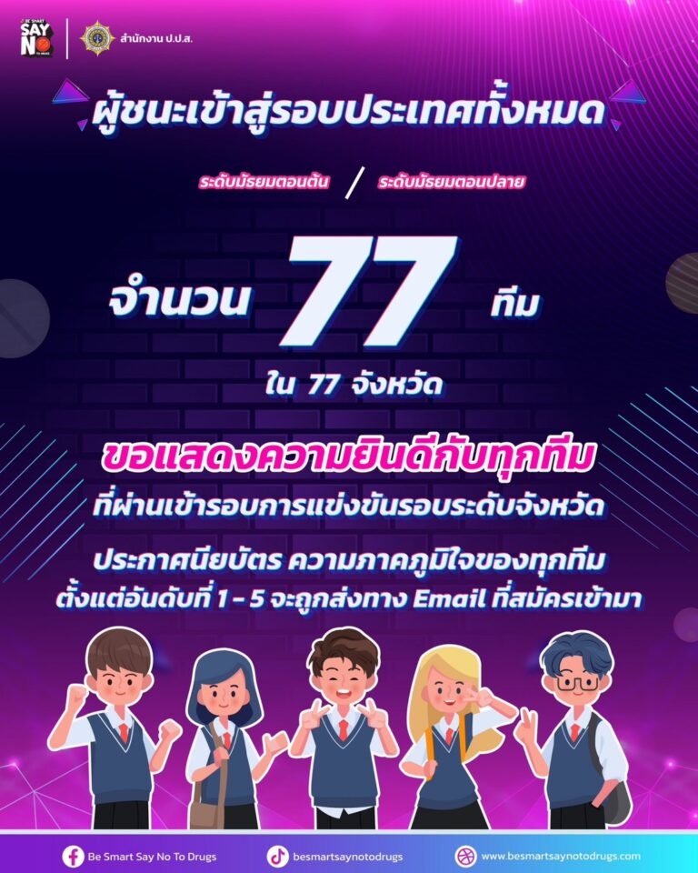 ป.ป.ส.ประกาศผลผู้ชนะระดับจังหวัด โครงการ “สื่อสาร สร้างสรรค์ รู้เท่าทันยาบ้า “Be Smart Say No to Drugs”