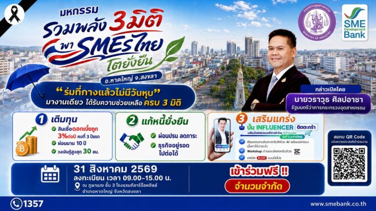 SME D Bank เดินหน้าหนุนเศรษฐกิจแดนใต้ จัด “มหกรรมรวมพลัง 3 มิติฯ” เติมทุน แก้หนี้ เพิ่มยอดขาย พาเอสเอ็มอีไทยโตยั่งยืน 31 ส.ค.นี้ ณ หาดใหญ่