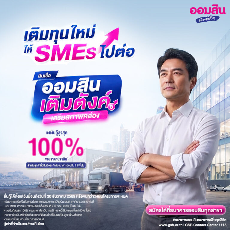 ออมสินขานรับมาตรการ ธปท. เร่งเติมสภาพคล่อง SMEs เปิดสินเชื่อ “ออมสิน เติมตังค์ เสริมสภาพคล่อง” วงเงินรวม 2,000 ลบ. สนับสนุนเงินทุนหมุนเวียนวงเงินกู้สูงสุด 100% ของหลักประกัน ผ่อนนานสูงสุด 10 ปี
