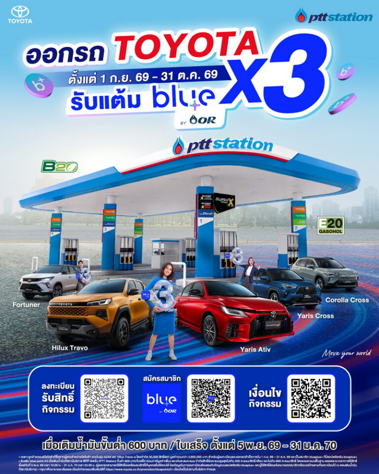 โออาร์ จับมือ โตโยต้า มอเตอร์ ประเทศไทย มอบความคุ้มค่าผ่านแคมเปญ “ออกรถ TOYOTA รับแต้ม blue point คูณ 3” เติมเต็มทุกการเดินทางให้สมูทยิ่งขึ้นกับ พีทีที สเตชั่น