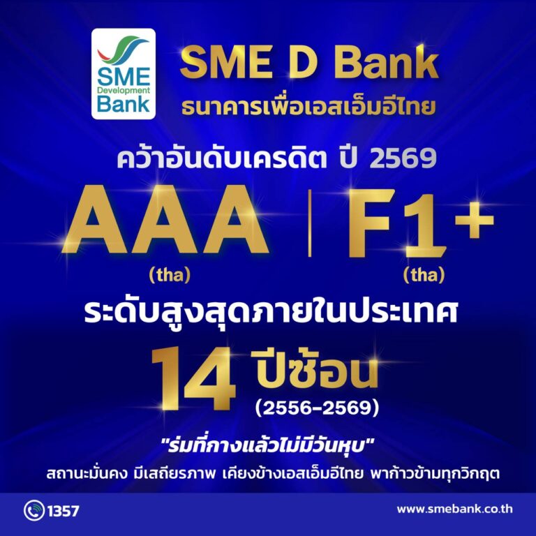 SME D Bank สถานะสุดแกร่ง ‘ฟิทช์ เรทติ้งส์’ คงเครดิตสูงสุดในประเทศ 14 ปีซ้อน ตอกย้ำบทบาทเคียงข้างช่วยเอสเอ็มอีไทยในทุกสถานการณ์