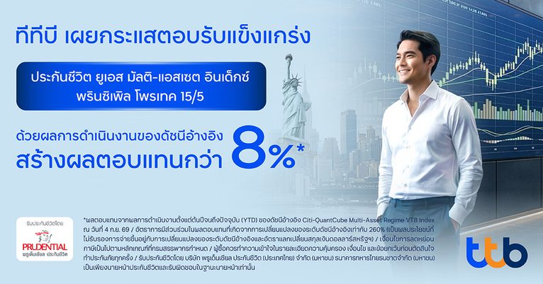 ทีทีบี โชว์ผลงานสุดแข็งแกร่ง ประกันชีวิต ทีทีบี ยูเอส มัลติ-แอสเซต อินเด็กซ์ พรินซิเพิล โพรเทค 15/5 เติบโตขึ้นกว่า 400% โดดเด่นในตลาด ทั้งรูปแบบผลิตภัณฑ์และผลการดำเนินงานของดัชนีอ้างอิง