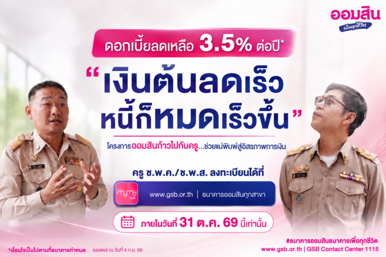 ออมสิน เผย ครู ช.พ.ค. สมัครใช้สิทธิ์ลดดอกเบี้ยหนี้เดิมแล้วกว่า 8 หมื่นบัญชี ตั้งเป้าลดเงินต้นช่วยครูปิดหนี้ได้เร็วขึ้น ย้ำ! ปิดรับ 31 ตุลาคม 2569 นี้